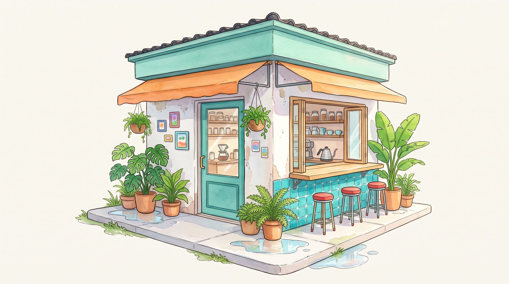 Ilustrasi kedai kopi kecil bercat toska dengan kanopi oranye, pintu toska, bangku bar, dan tanaman pot